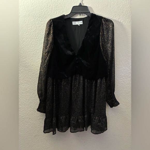 Zara Black With Gold Glitter Sheer Mini Dress With Velvet Vest In S - Picture 4 of 12